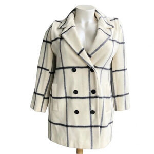 ALORNA Women’s Size L Ivory Black Vintage Check Print Wool Double Breasted Coat